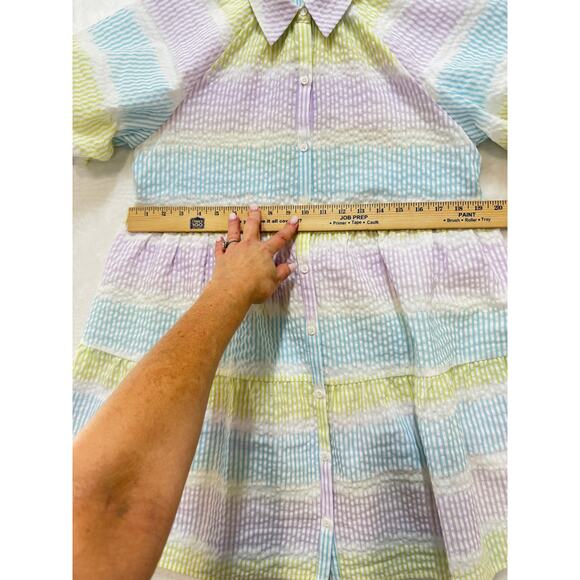 Saylor Tressie Mini Shirt Dress Womens M Seersucker Puff Sleeve Pastel Stripe - Picture 11 of 13